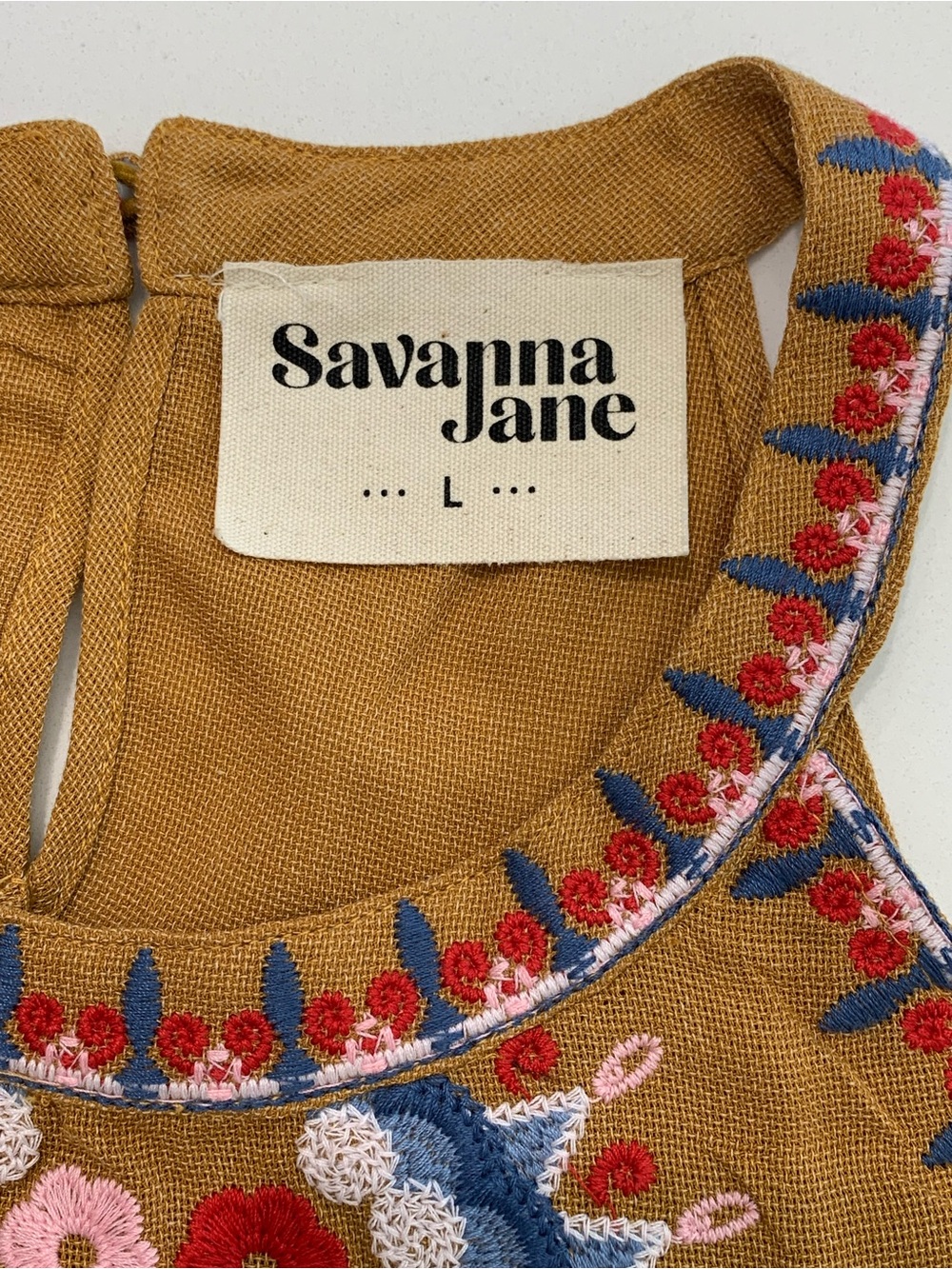 Savanna Jane Boho Mustard Halter Tank Multicolor Embroidery & Tassels, L - Picture 3 of 6
